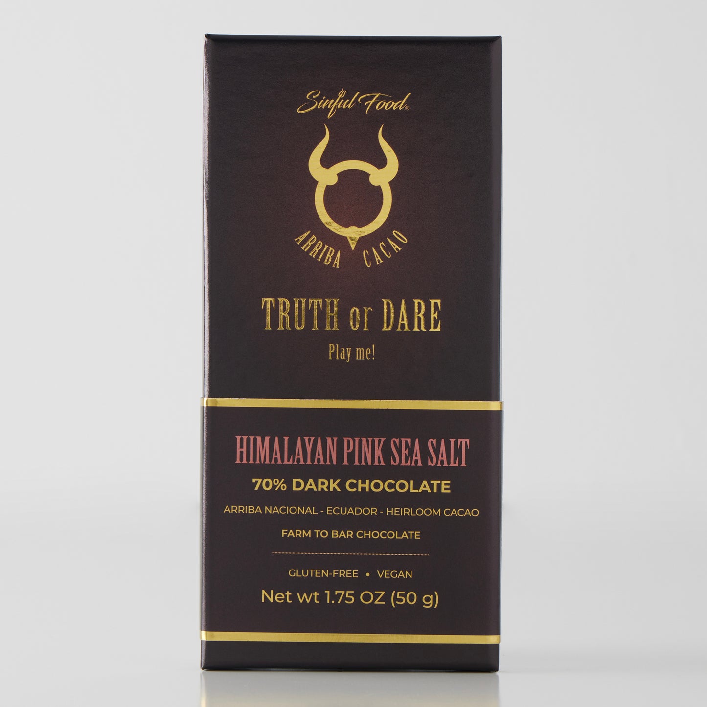 A Sinful Food Himalayan Pink Sea Salt 70% Dark Chocolate Bar.