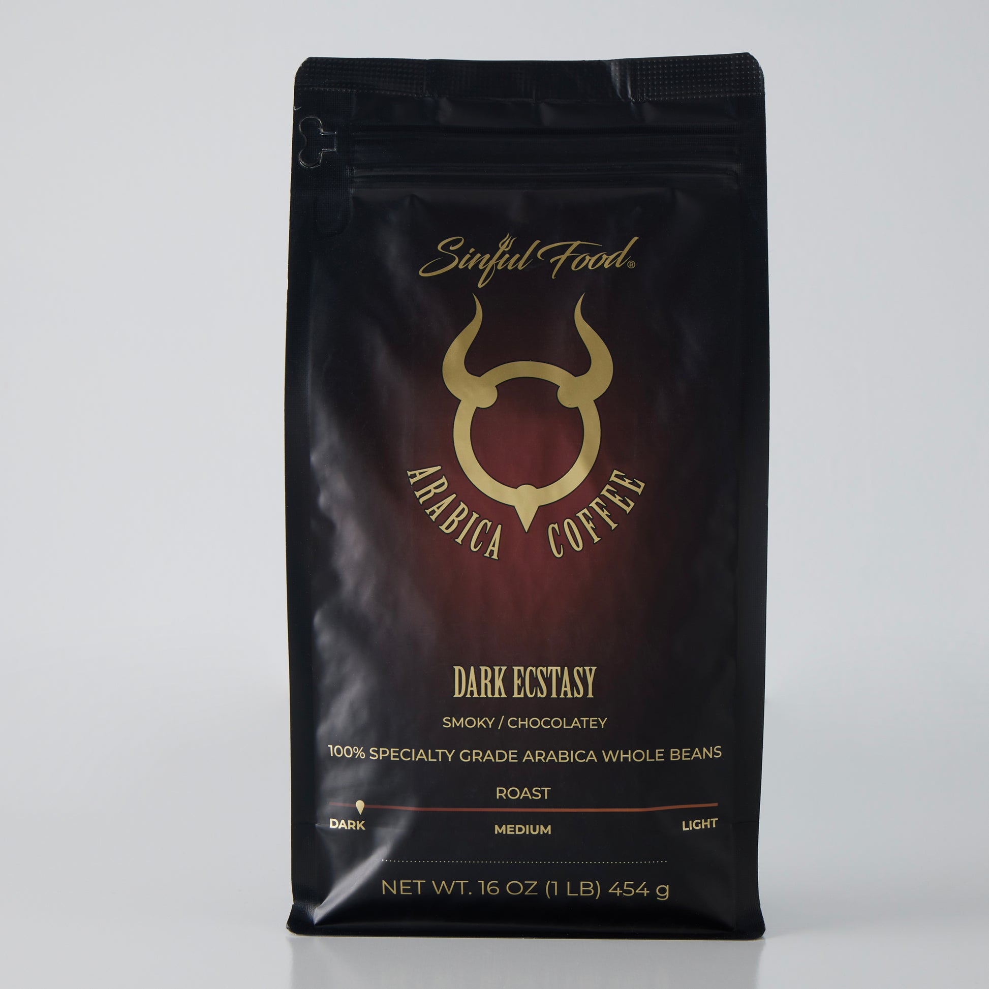 A bag of Sinful Food Dark Roast Arabica  Coffee.