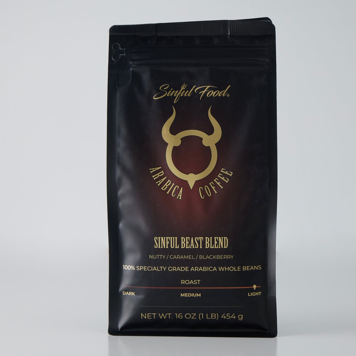 A bag of Sinful Food Light Roast Coffee.