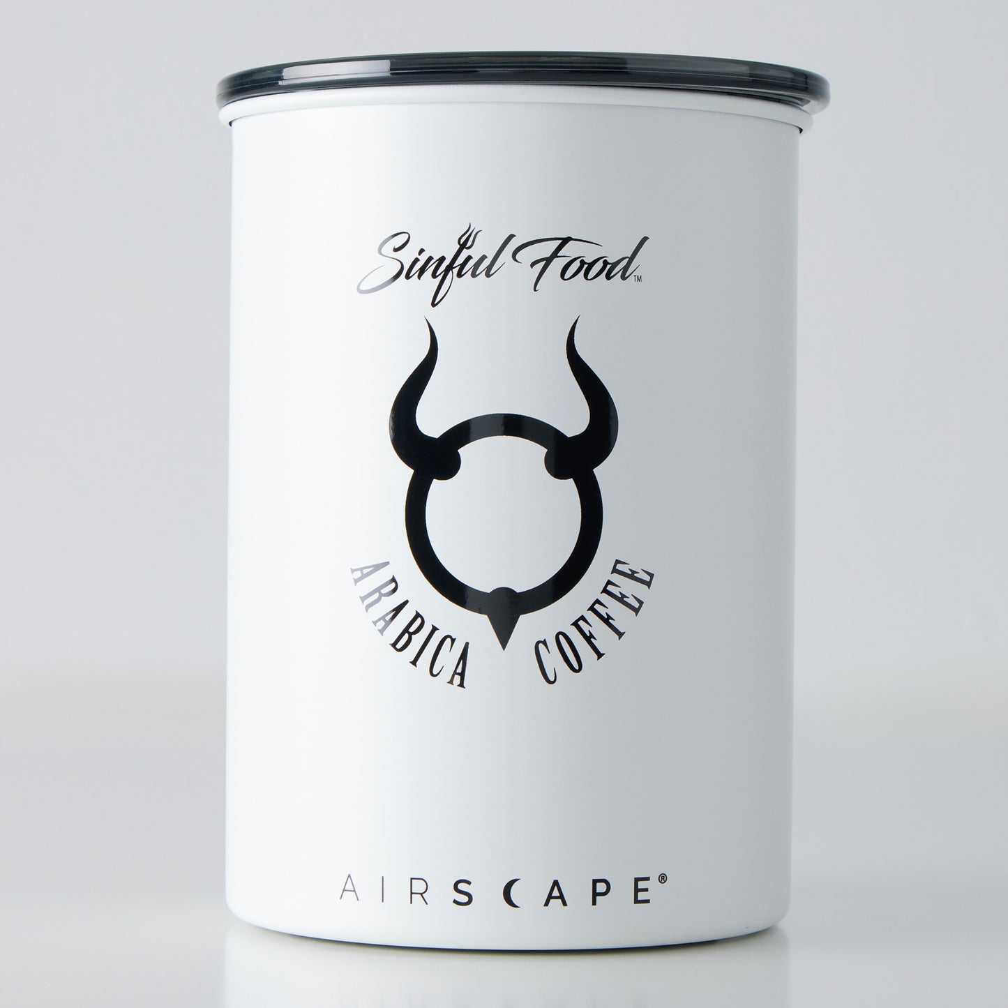 A white matte ith black aircape coffee canister.