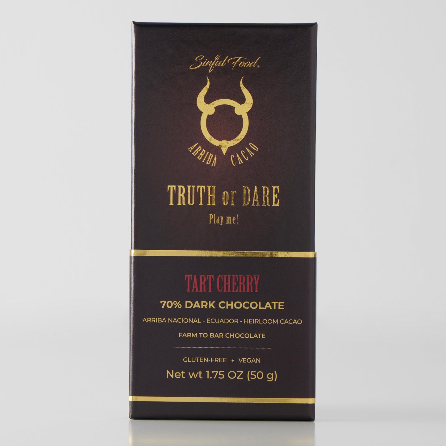 A Sinful Food Tart Cherry 70% Dark Chocolate Bar.