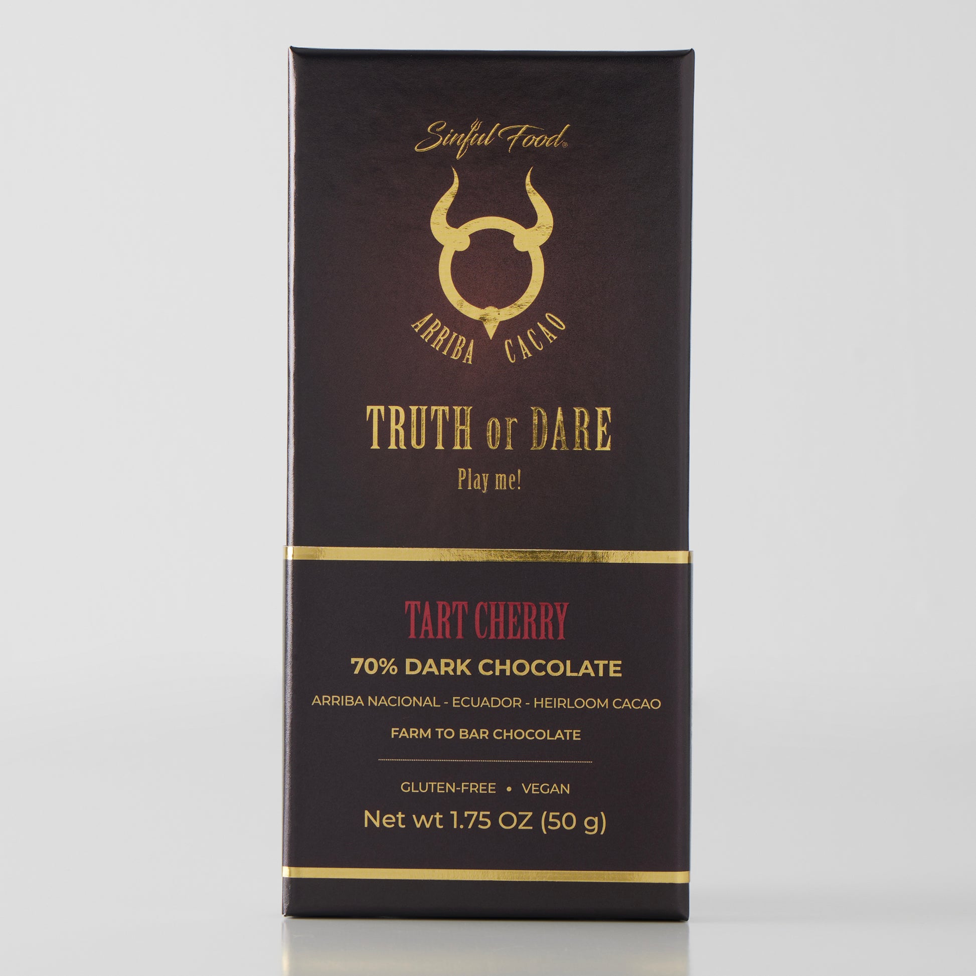 A Sinful Food Tart Cherry 70% Dark Chocolate Bar.