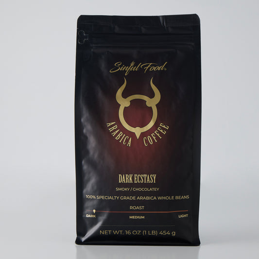 A bag of Sinful Food Dark Roast Arabica  Coffee.