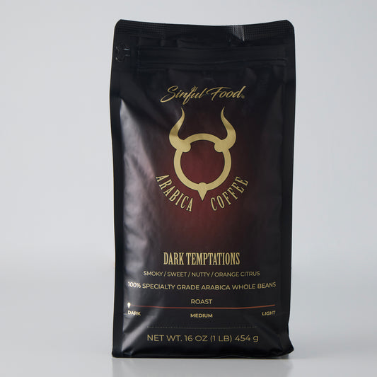 A bag of Sinful Food Dark Roast Coffee