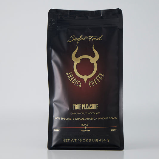 A bag of Sinful Food medium roast Arabica Coffee.