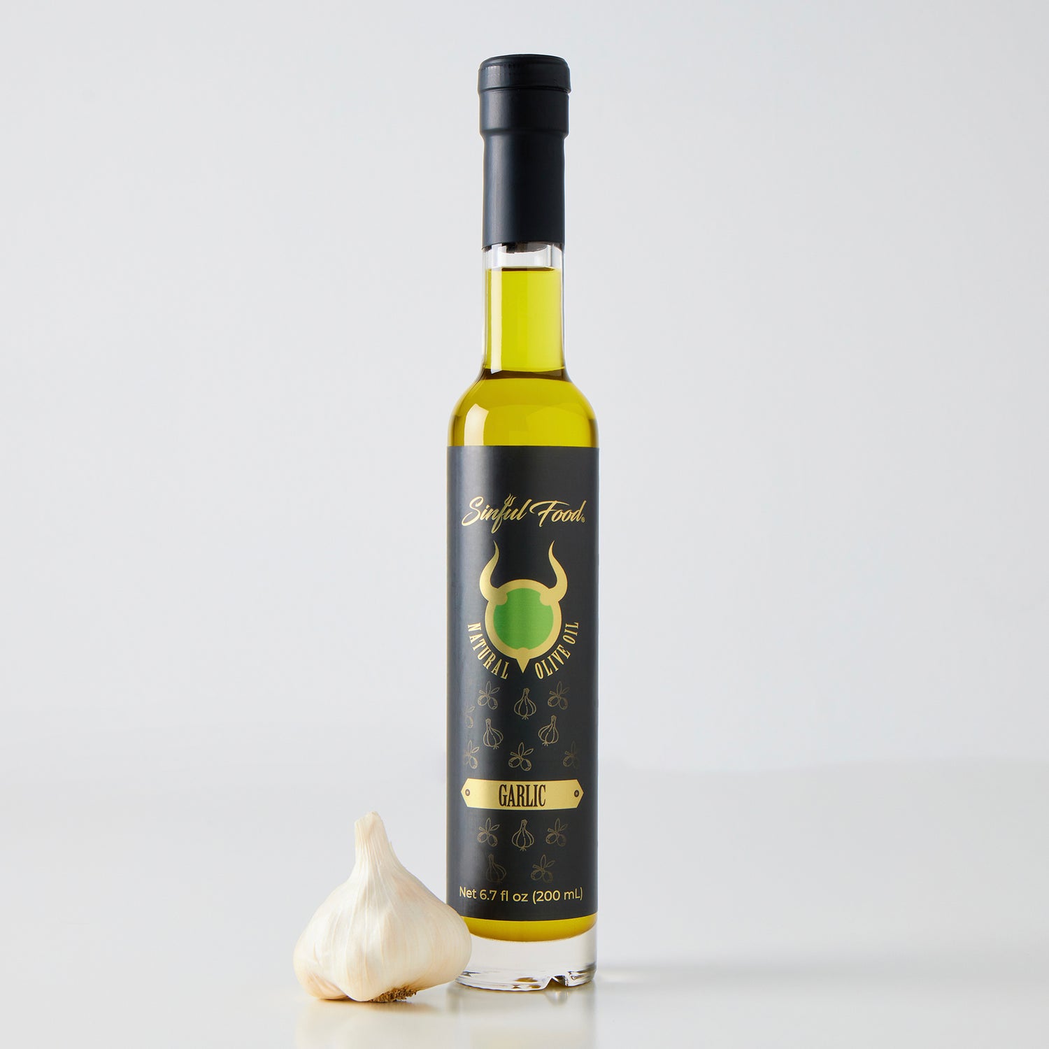 A bottle of Sinful Food Garlic Olive Oil.