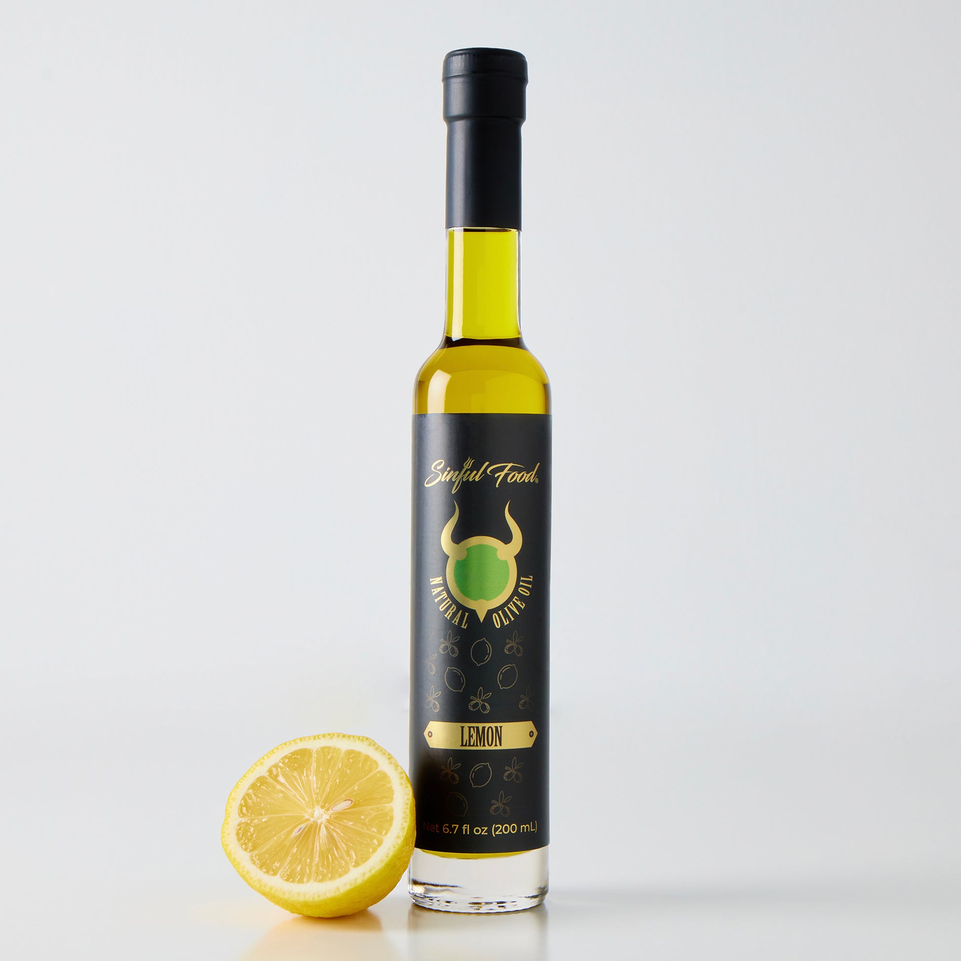 A bottle of Sinful Food Lemon Olive Oil.