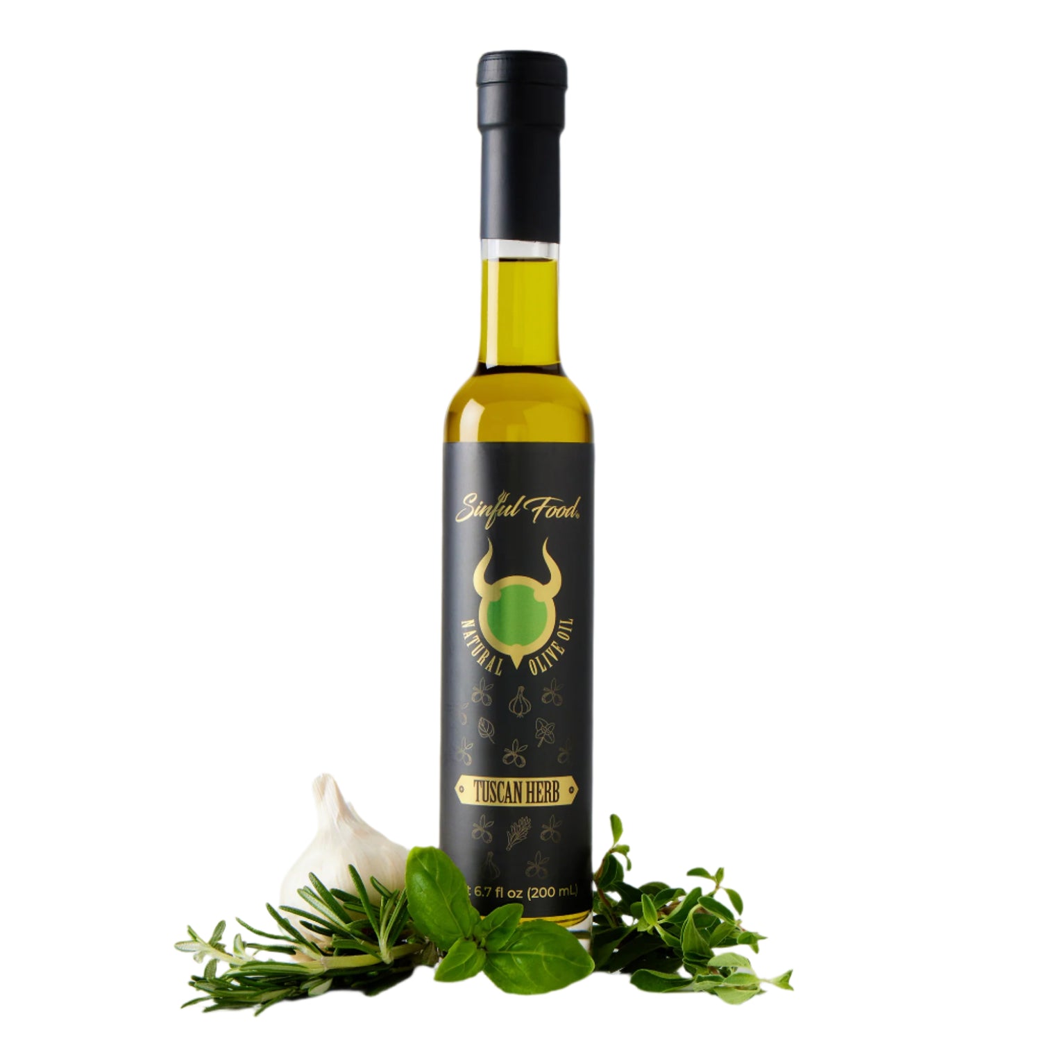 A bottle of Sinful Food Tuscan Herb Olive Oil.