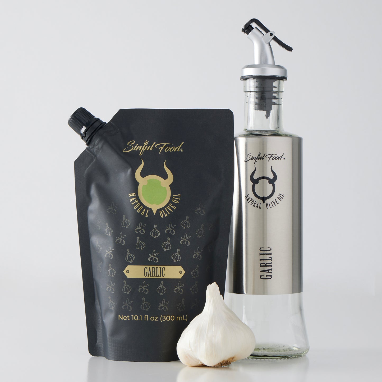 A Garlic Olive Oil refill pouch and Garlic Olive Oil Bottle.