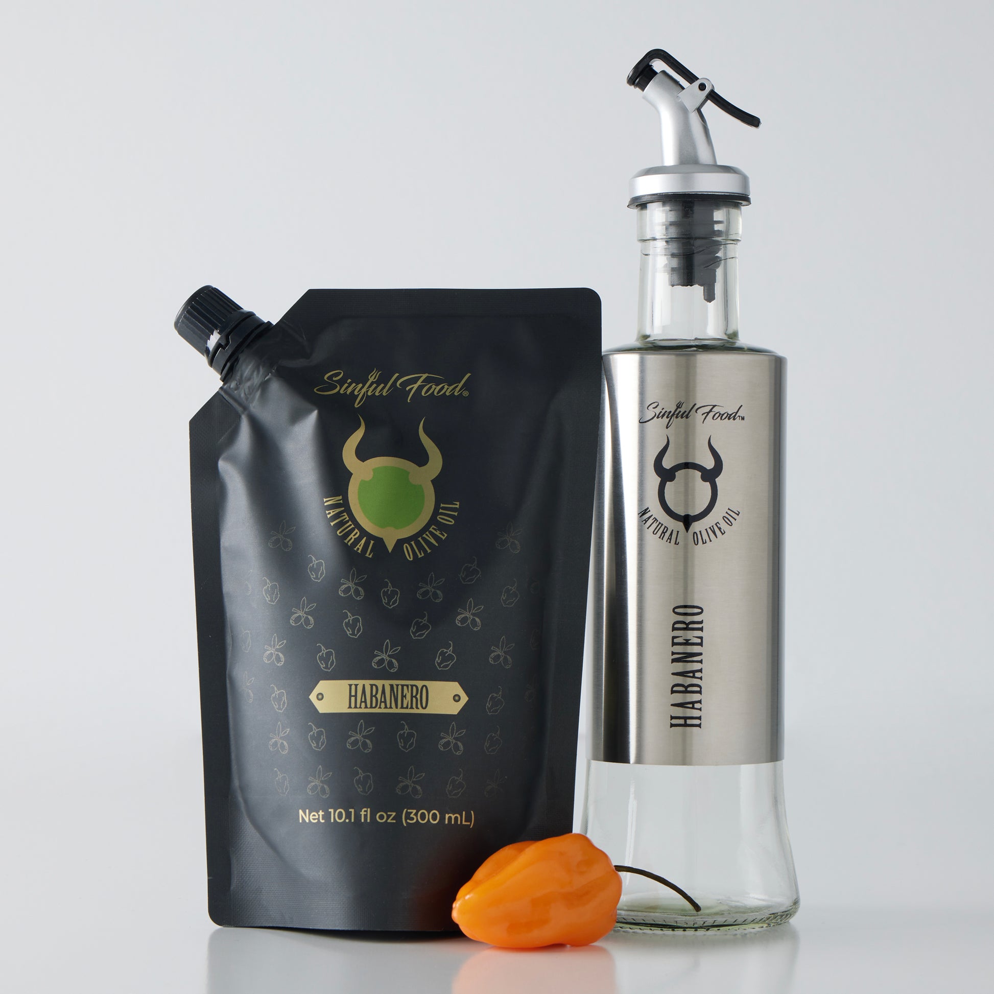 A Habanero Olive Oil refill pouch and Habanero Olive Oil Bottle.