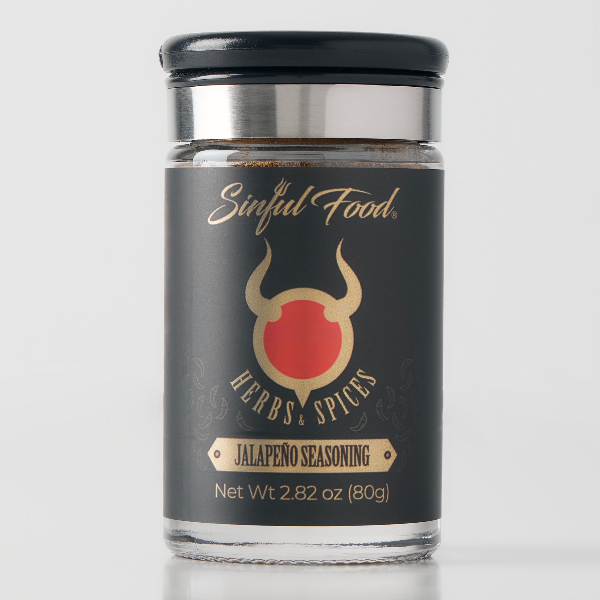 A bottle of Sinful Food Jalapeno Seasoning.