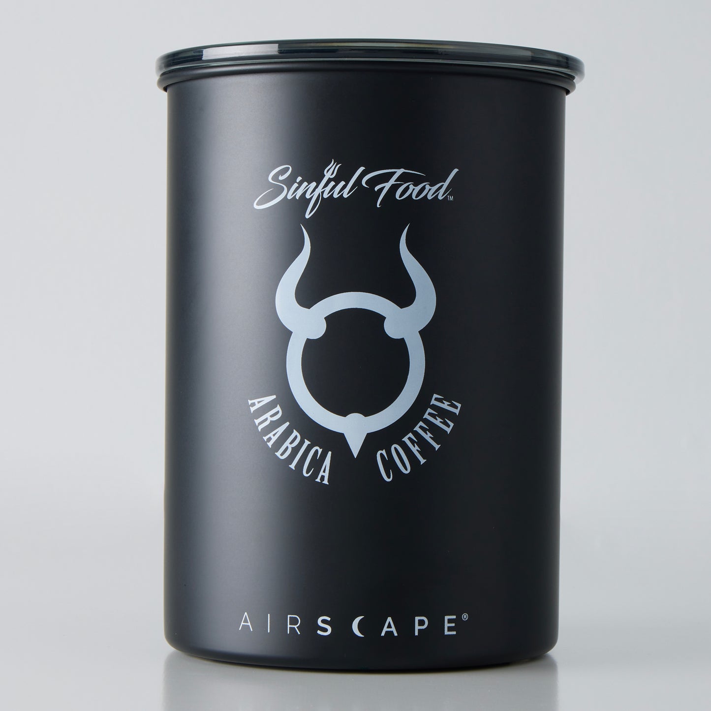 A black matte and white Airscape Coffee Canister.