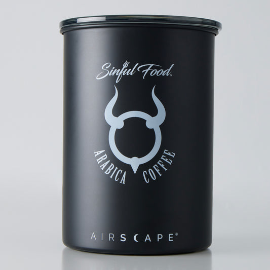 A black matte and white Airscape Coffee Canister.